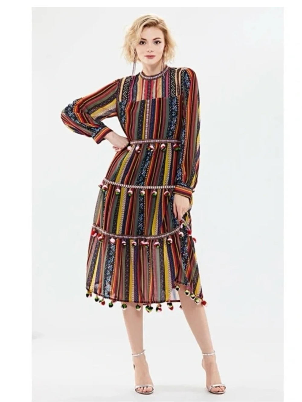 Boho Striped Midi Dress with Pom Trim - Multicolor